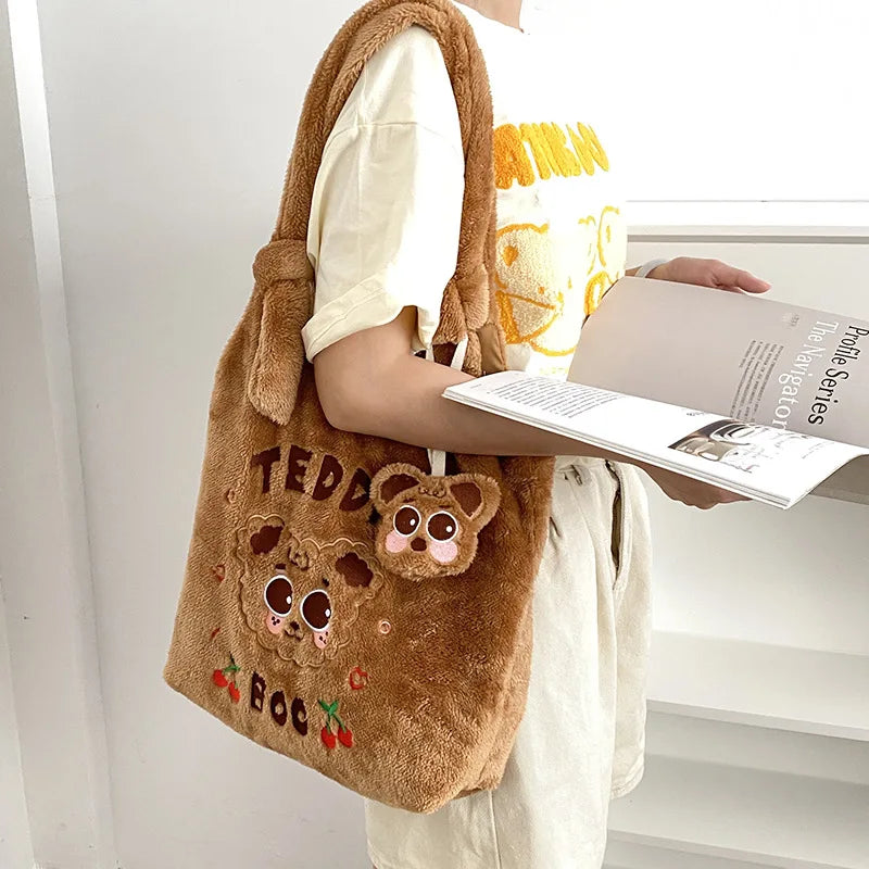 Winter Shoulder Bags Teddy Dog Plush Tote Bag Large Capacity Satchel For Girls