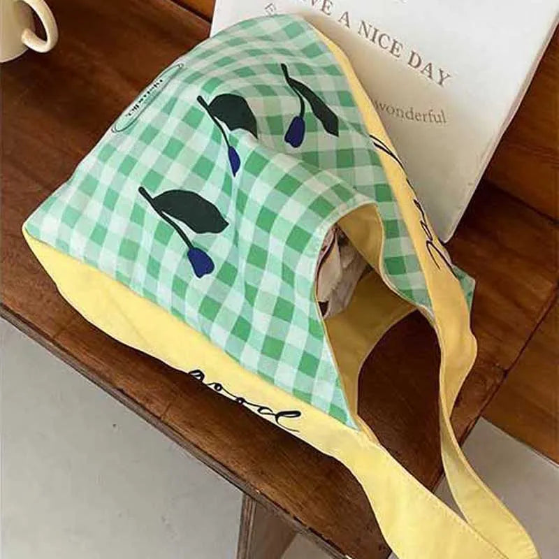 Green Plaid Canvas Tote Bag Tulip Shoulder Purse Shopping Bags for Women