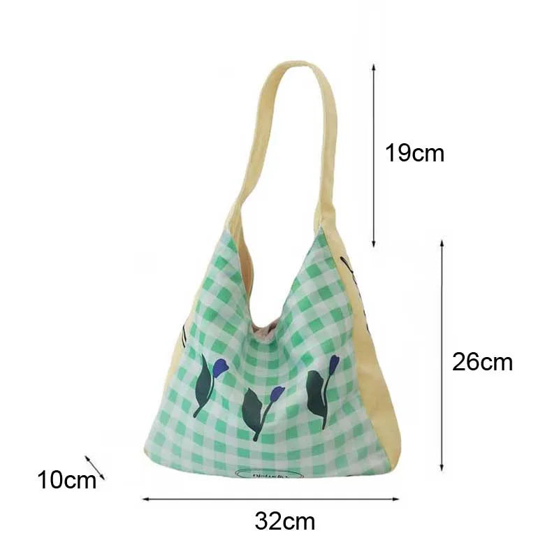 Green Plaid Canvas Tote Bag Tulip Shoulder Purse Shopping Bags for Women