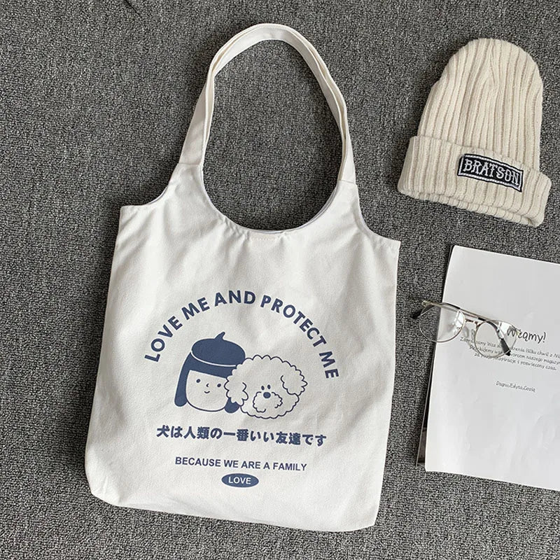 Cartoon Dog Pattern Canvas Tote Bag Eco-Friendly Shopping Bag for Women