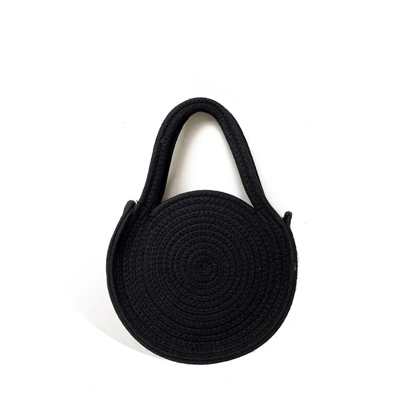 Cherry Embroidery Handbag Round Woven Tote Summer Straw Bag