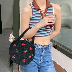 Cherry Embroidery Handbag Round Woven Tote Summer Straw Bag