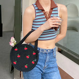 Cherry Embroidery Handbag Round Woven Tote Summer Straw Bag