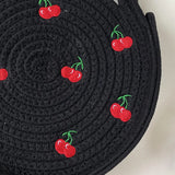 Cherry Embroidery Handbag Round Woven Tote Summer Straw Bag
