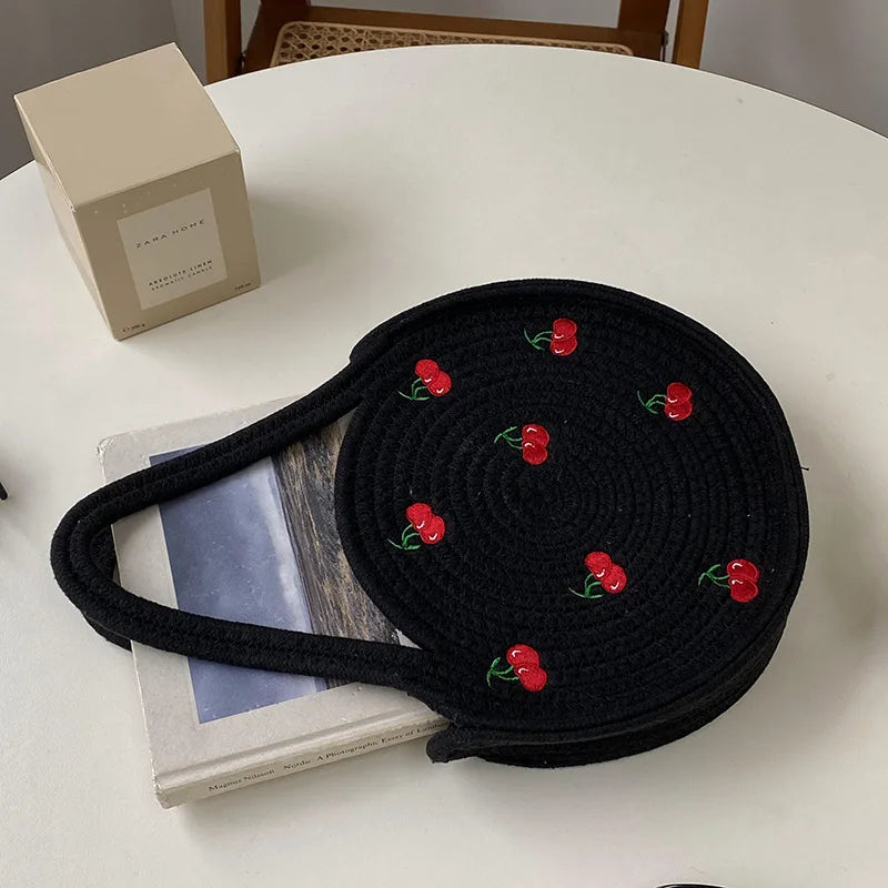 Cherry Embroidery Handbag Round Woven Tote Summer Straw Bag