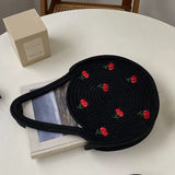 Cherry Embroidery Handbag Round Woven Tote Summer Straw Bag