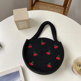 Cherry Embroidery Handbag Round Woven Tote Summer Straw Bag