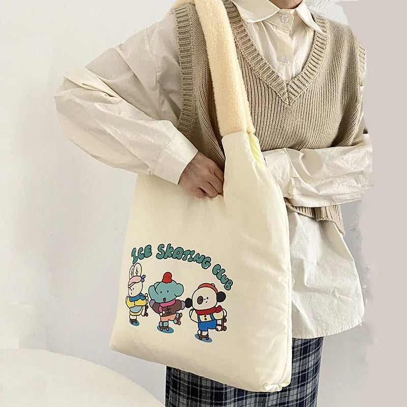 Retro Cartoon Pattern Plush Shoulder Strap Bag