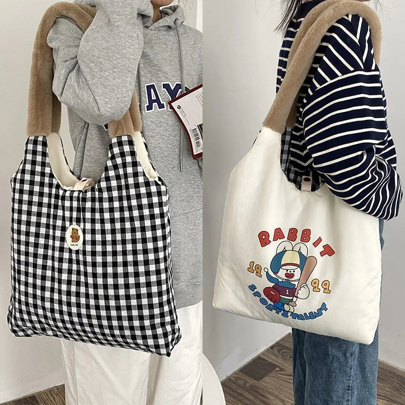 Retro Cartoon Pattern Plush Shoulder Strap Bag