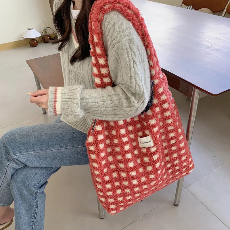 Plush Checked Shoulder Bag Large Capacity Tote Shopping Bags Soft Handbag