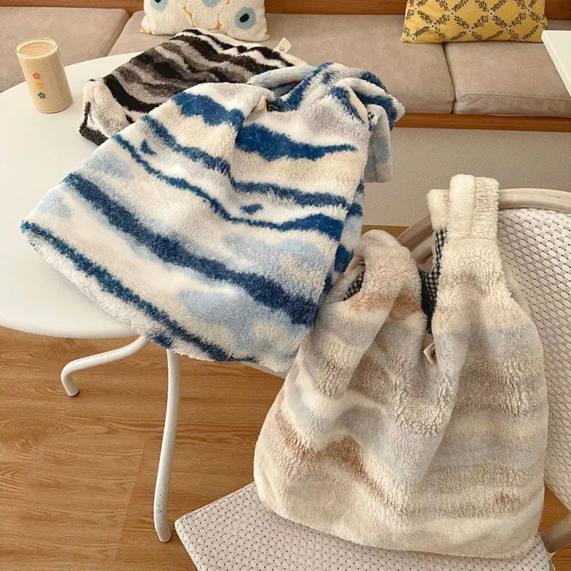 Winter Plush Shoulder Bag Women's Large Capacity Tote Stripe Ink Pattern Fluffy