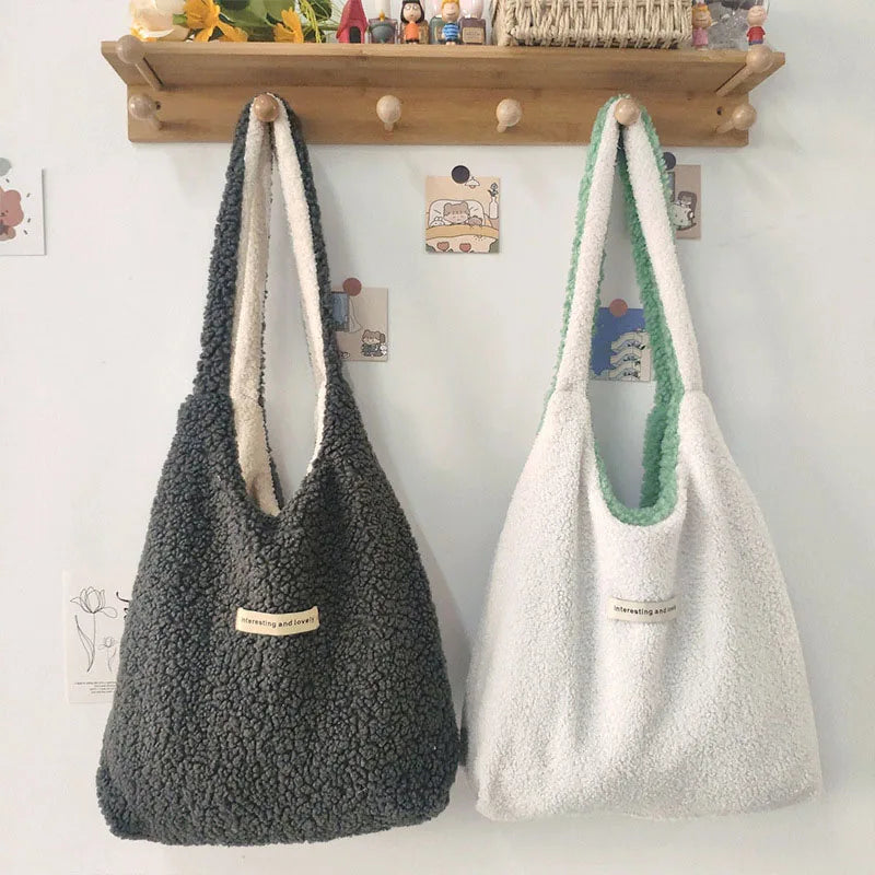 Winter Women Plush Shoulder Bags Solid Casual Tote Girls Handbag