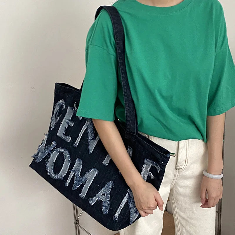 Women Cowboy Shoulder Bag Tote Bags Large Capacity Canvas Shopping Bag