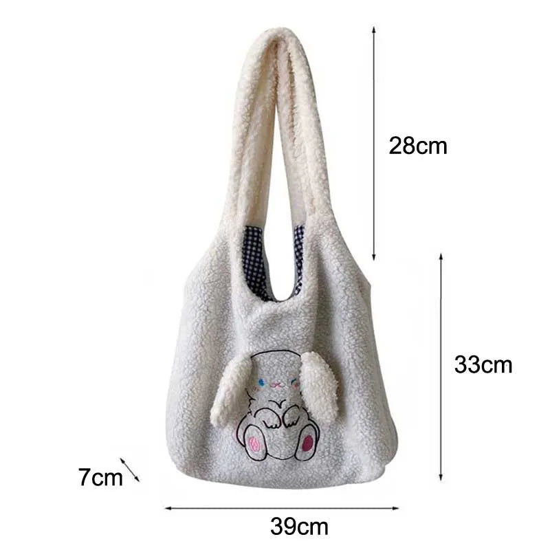 Women's Rabbit Shoulder Bag Plush Tote Embroidered Handbag