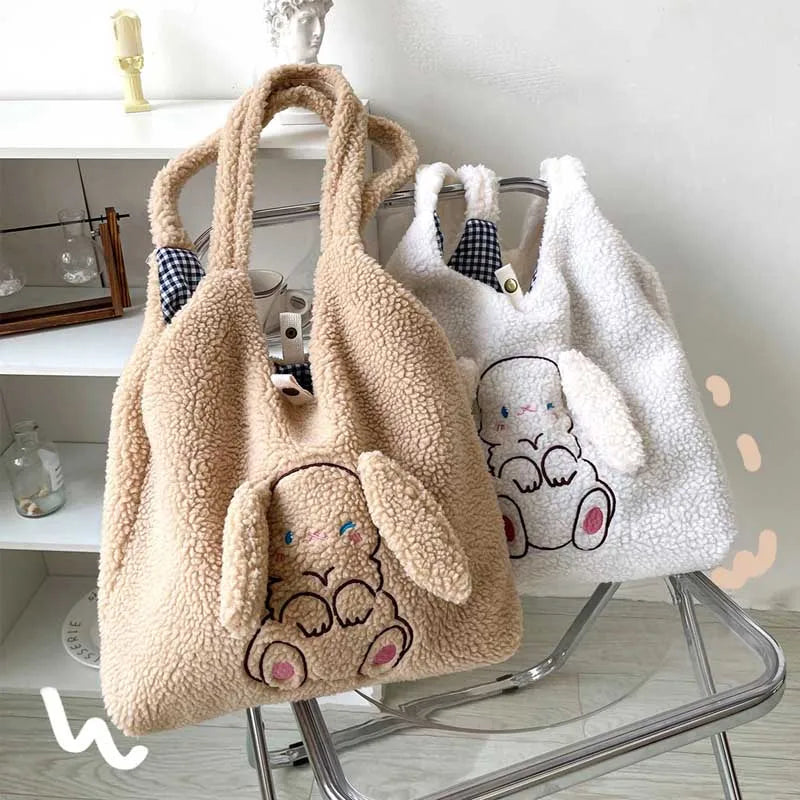 Women's Rabbit Shoulder Bag Plush Tote Embroidered Handbag