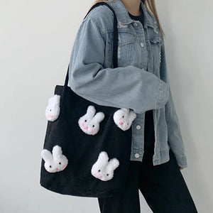 Corduroy Shoulder Bag Cartoon Rabbit Tote Large Handbags