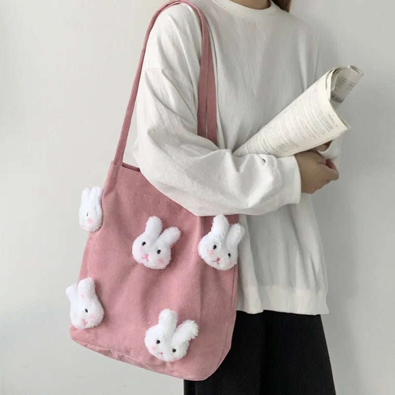 Corduroy Shoulder Bag Cartoon Rabbit Tote Large Handbags