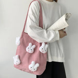 Corduroy Shoulder Bag Cartoon Rabbit Tote Large Handbags