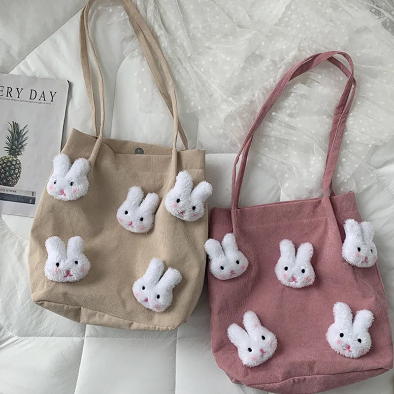 Corduroy Shoulder Bag Cartoon Rabbit Tote Large Handbags