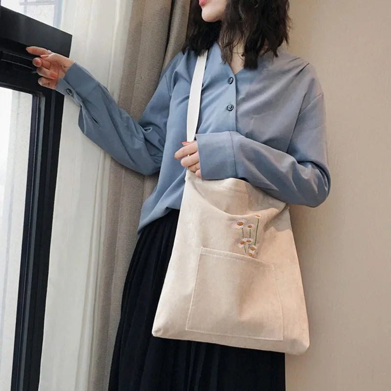 Corduroy Shoulder Messenger Bag Canvas Ladies Casual Totes Shopping Bags