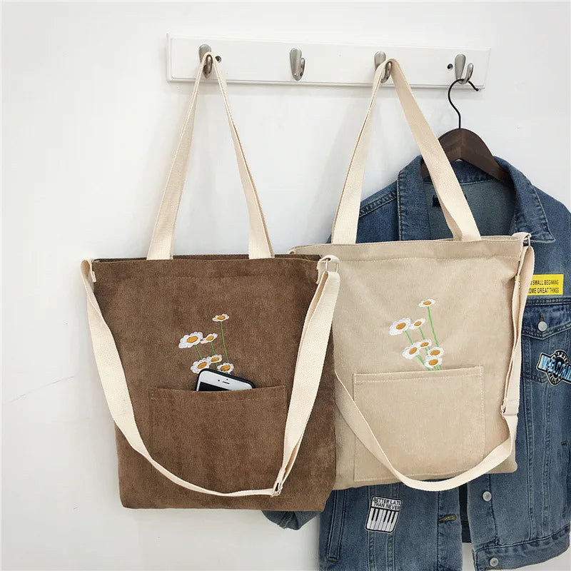 Corduroy Shoulder Messenger Bag Canvas Ladies Casual Totes Shopping Bags