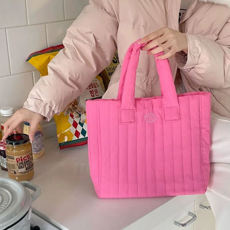 Women's Space Cotton Soft Handbag Vertical Striation Square Casual Tote