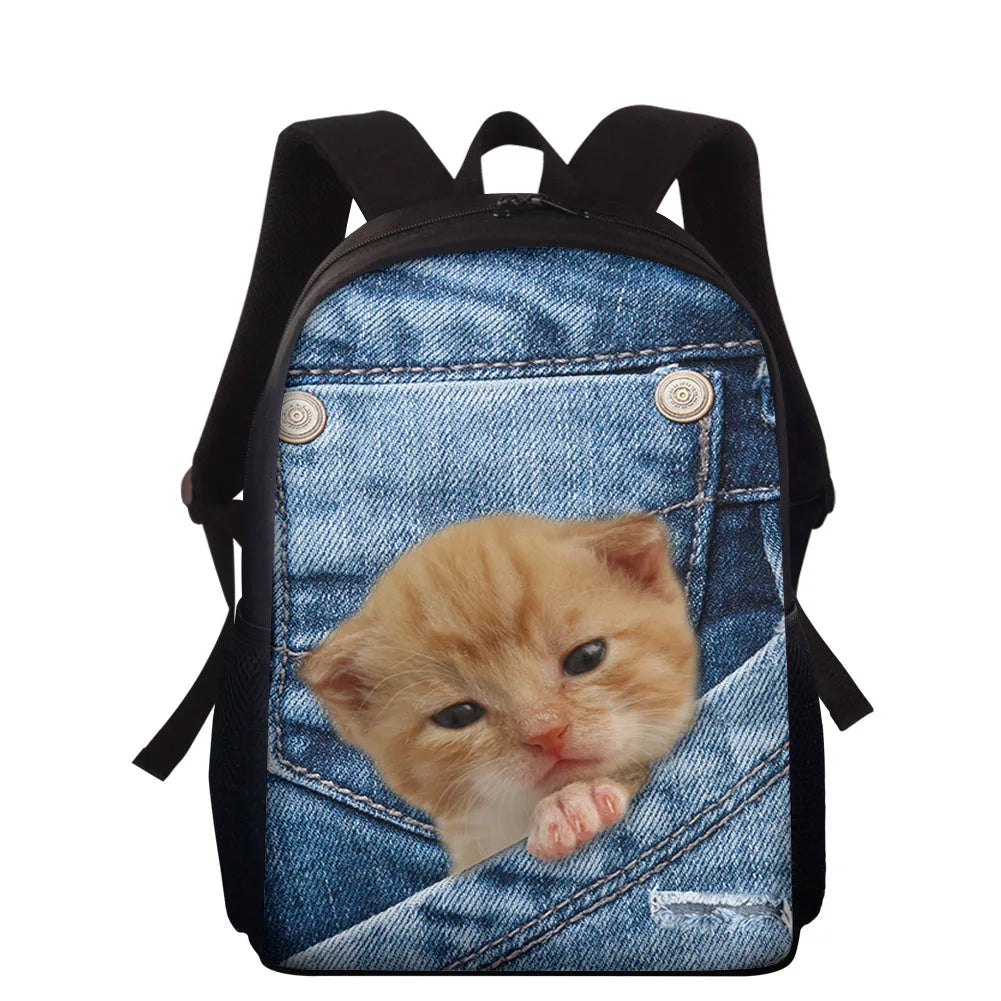 15 Inch Cowboy Pocket Cat Printing Backpack Kids Schoolbag