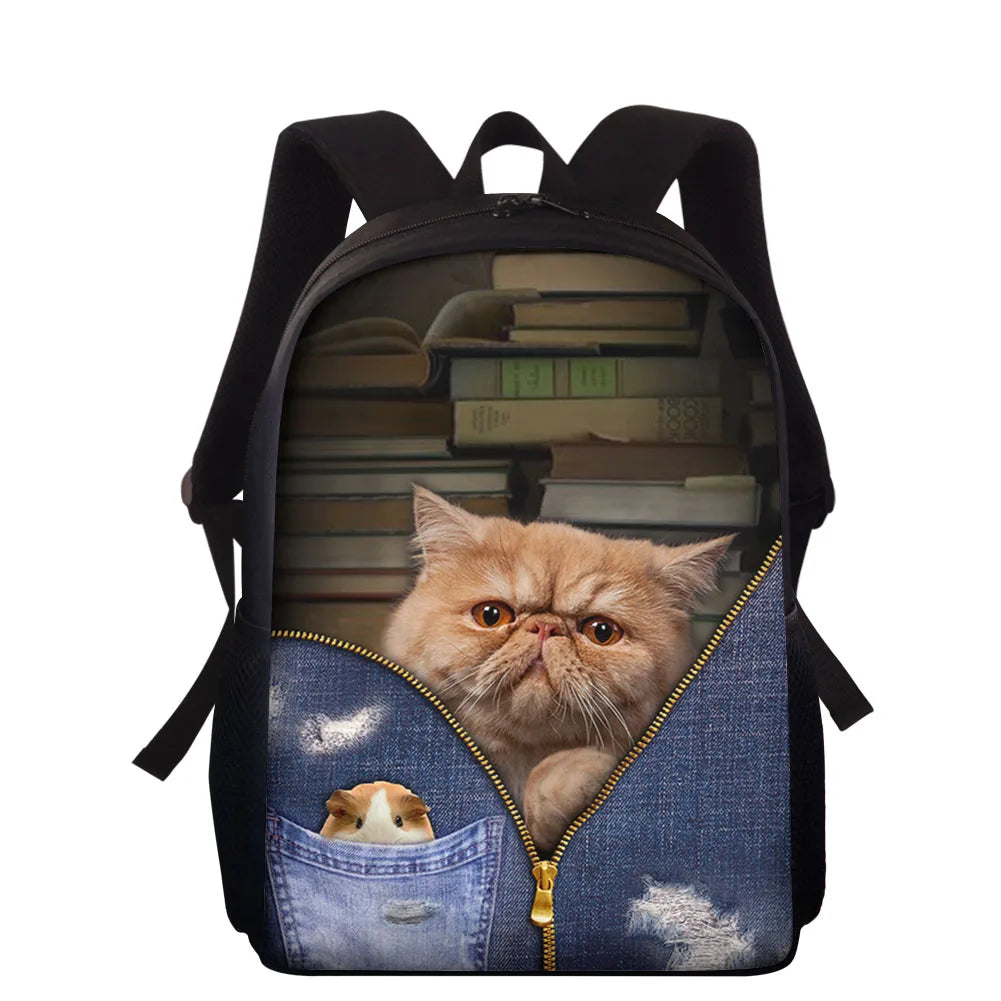 15 Inch Cowboy Pocket Cat Printing Backpack Kids Schoolbag