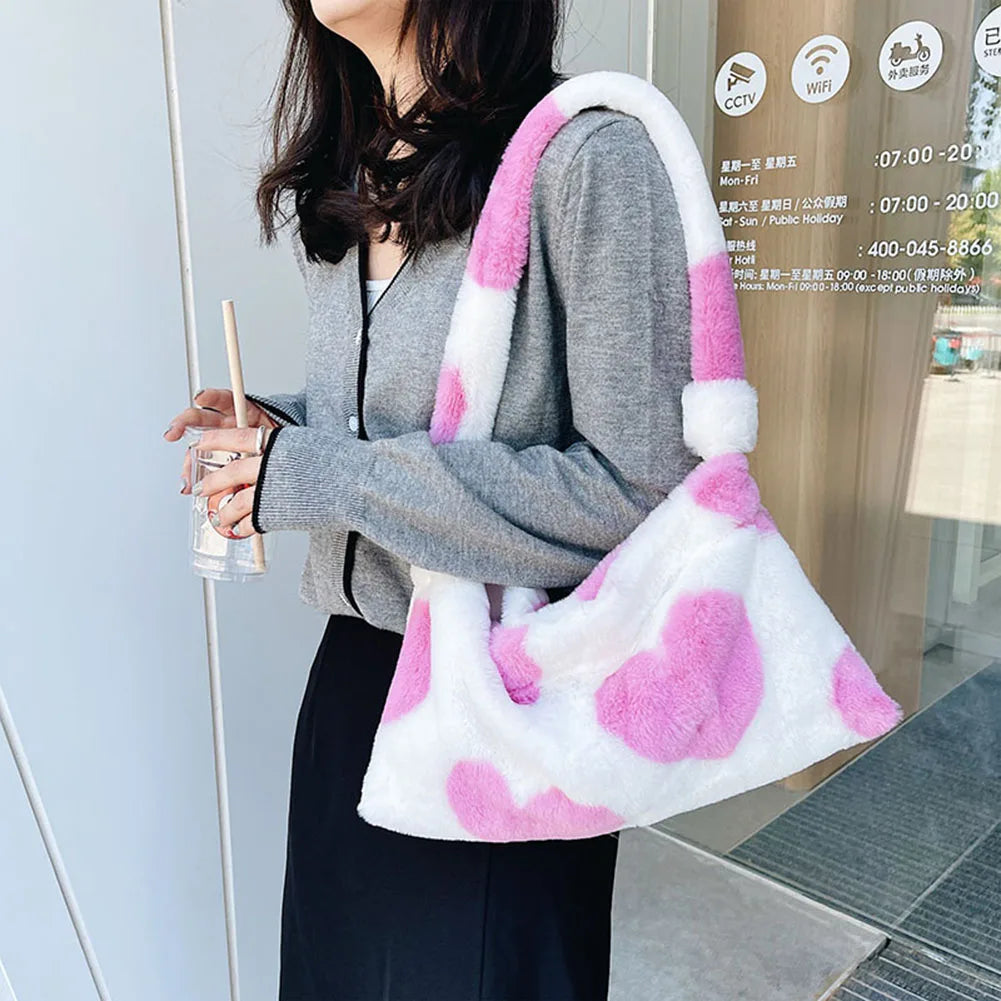 Women Flower Pattern Shoulder Bags Cow Print Bucket Bags Love Heart Handbag