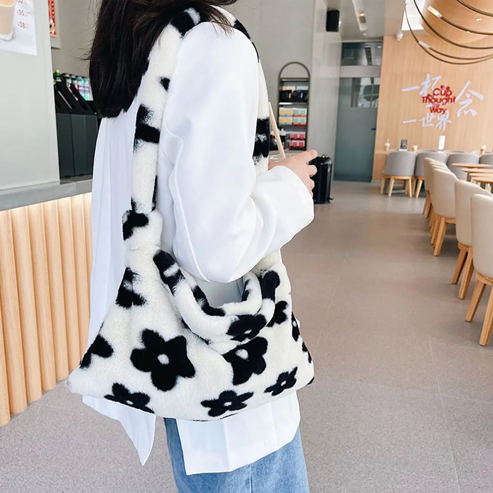 Women Flower Pattern Shoulder Bags Cow Print Bucket Bags Love Heart Handbag