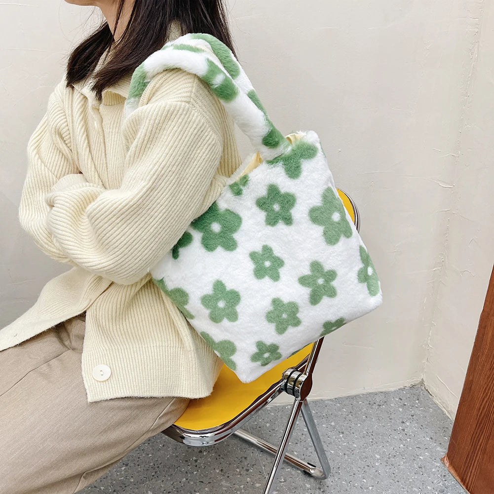 INS Women Green Flower Print Shoulder Bags Faux Fur Handbag