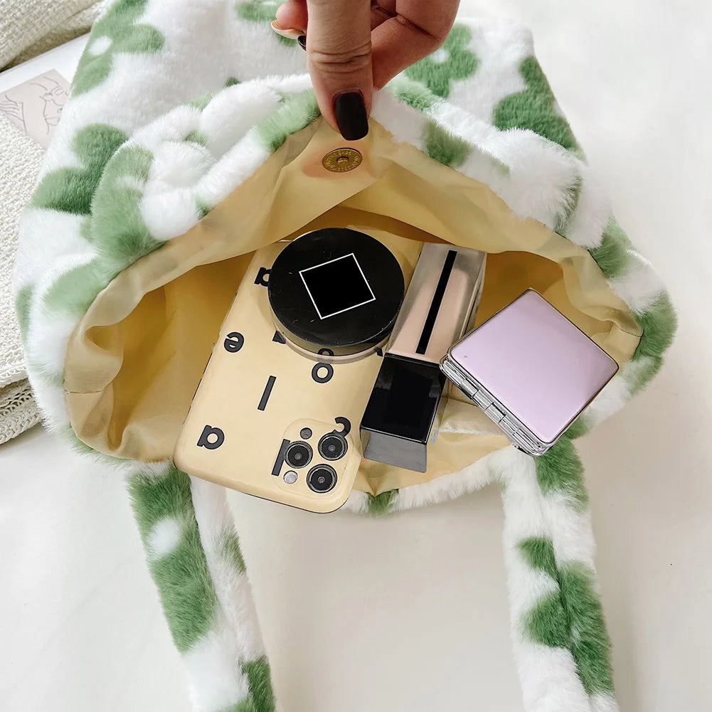 INS Women Green Flower Print Shoulder Bags Faux Fur Handbag