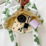 INS Women Green Flower Print Shoulder Bags Faux Fur Handbag