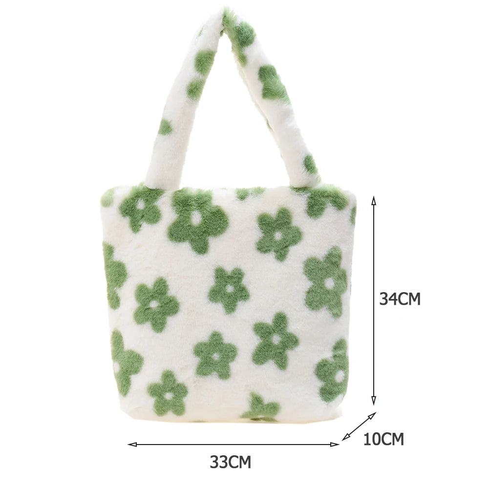 INS Women Green Flower Print Shoulder Bags Faux Fur Handbag