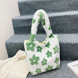 INS Women Green Flower Print Shoulder Bags Faux Fur Handbag