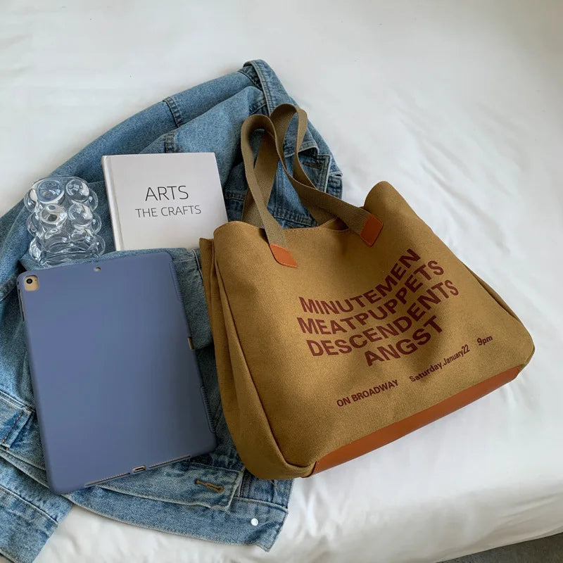 Niche Canvas Bag for Women Letter Hit Shoulder Bag Large Capacity Shopping Bag