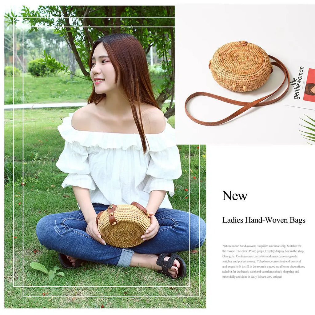 INS Ladies Hand-woven Bag Round Rattan Bohemia Beach Messenger Bag