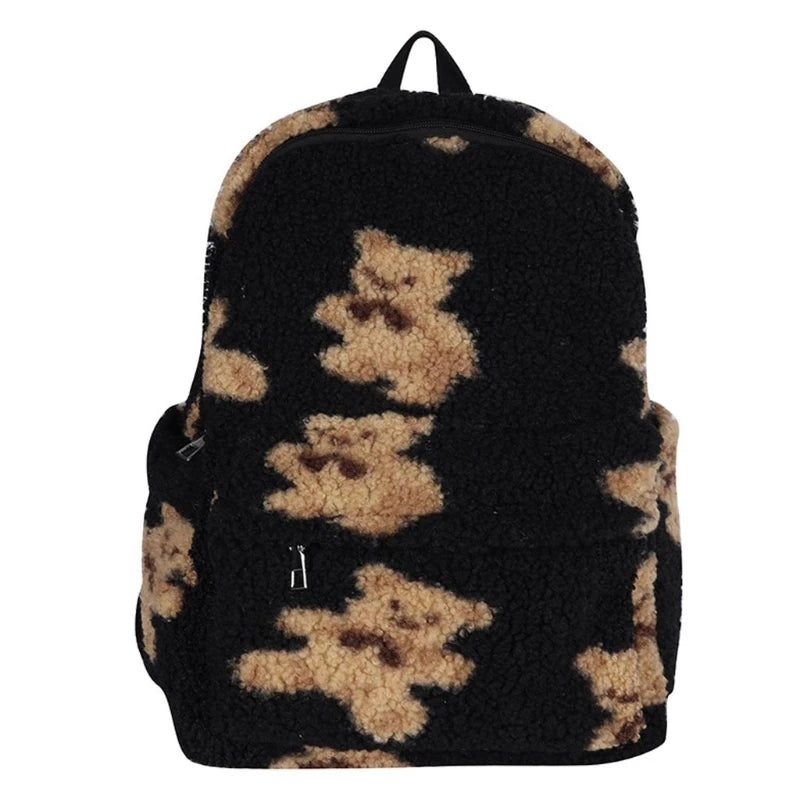 Lamb Hair Backpack Women School Bags For Teenage Girls Bears Print Bagpack