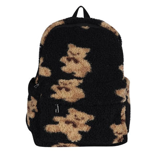 Lamb Hair Backpack Women School Bags For Teenage Girls Bears Print Bagpack