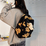 Lamb Hair Backpack Women School Bags For Teenage Girls Bears Print Bagpack