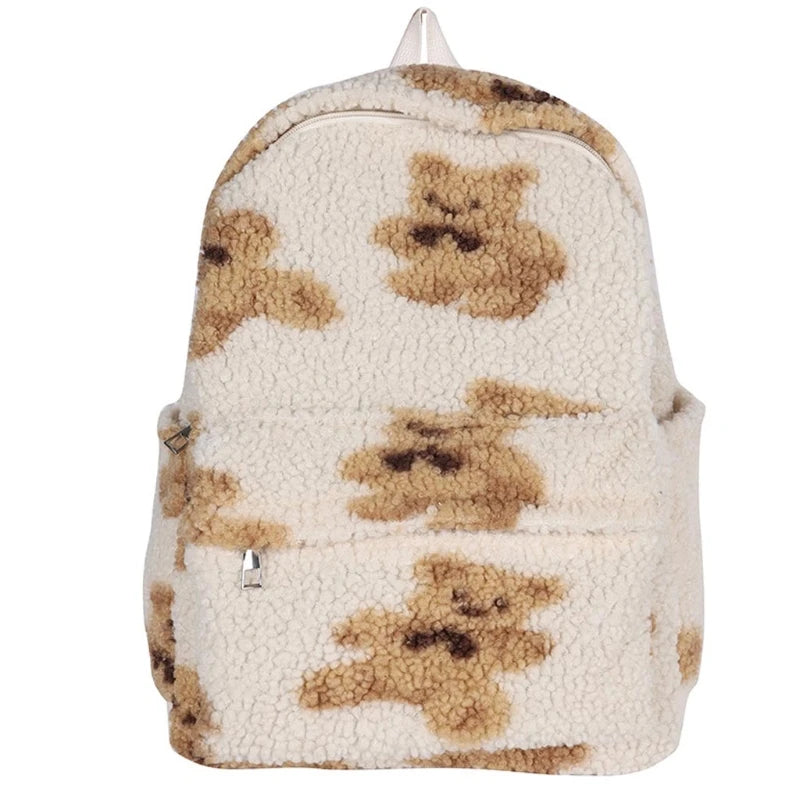 Lamb Hair Backpack Women School Bags For Teenage Girls Bears Print Bagpack