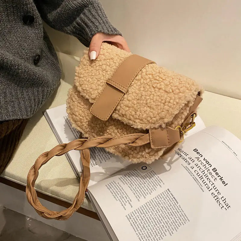 Lambwool Shoulder Bag Plush Saddle Handbag Casual Messenger Crossbody Bags