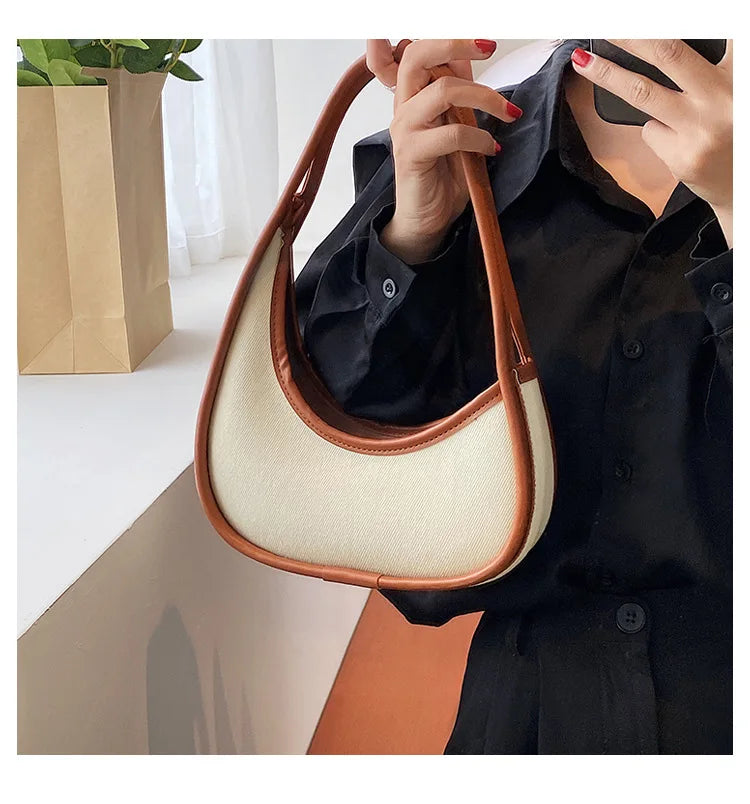 Irregular Shaped Women Shoulder Bags PU Canvas Patchwork Tote Clutch Handbag