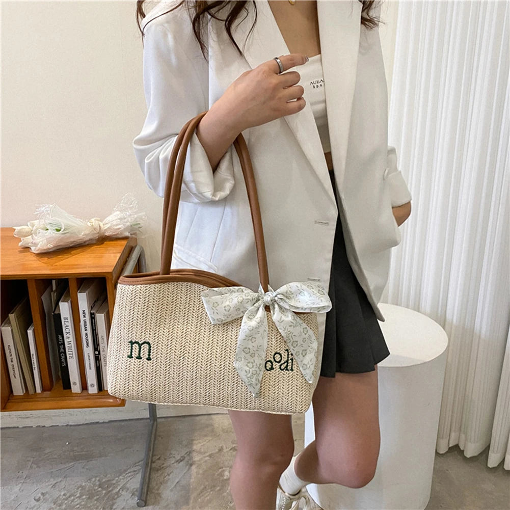 Straw Shoulder Bag with Scarf Beach Summer Handbags
