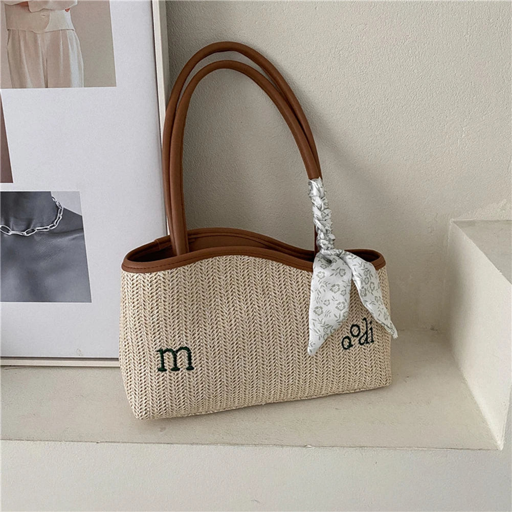 Straw Shoulder Bag with Scarf Woven Tote Handbag