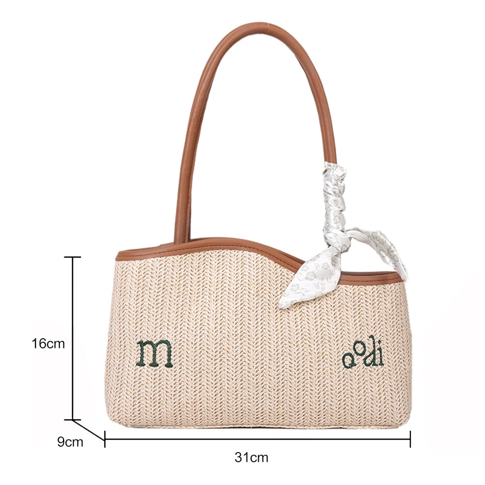 Straw Shoulder Bag with Scarf Woven Tote Handbag