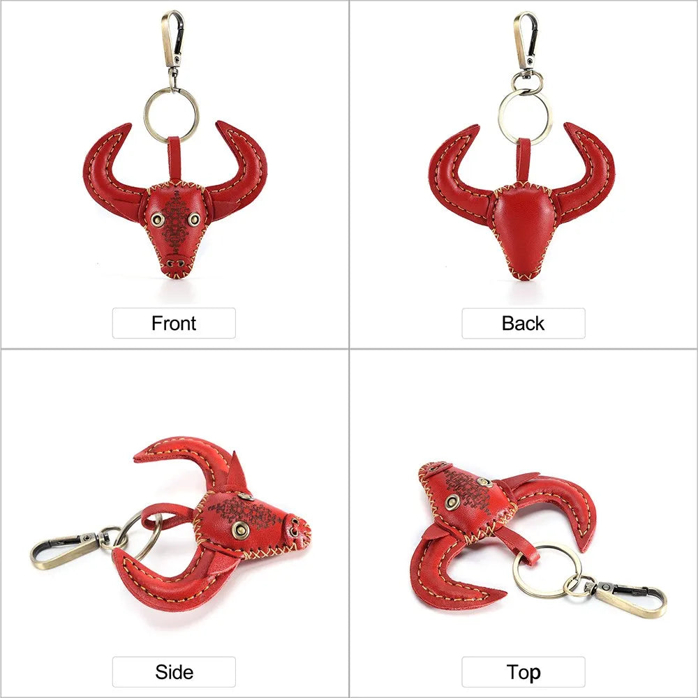 Bull Head Keychain Pendant Leather Key Holder Women Men Keyring