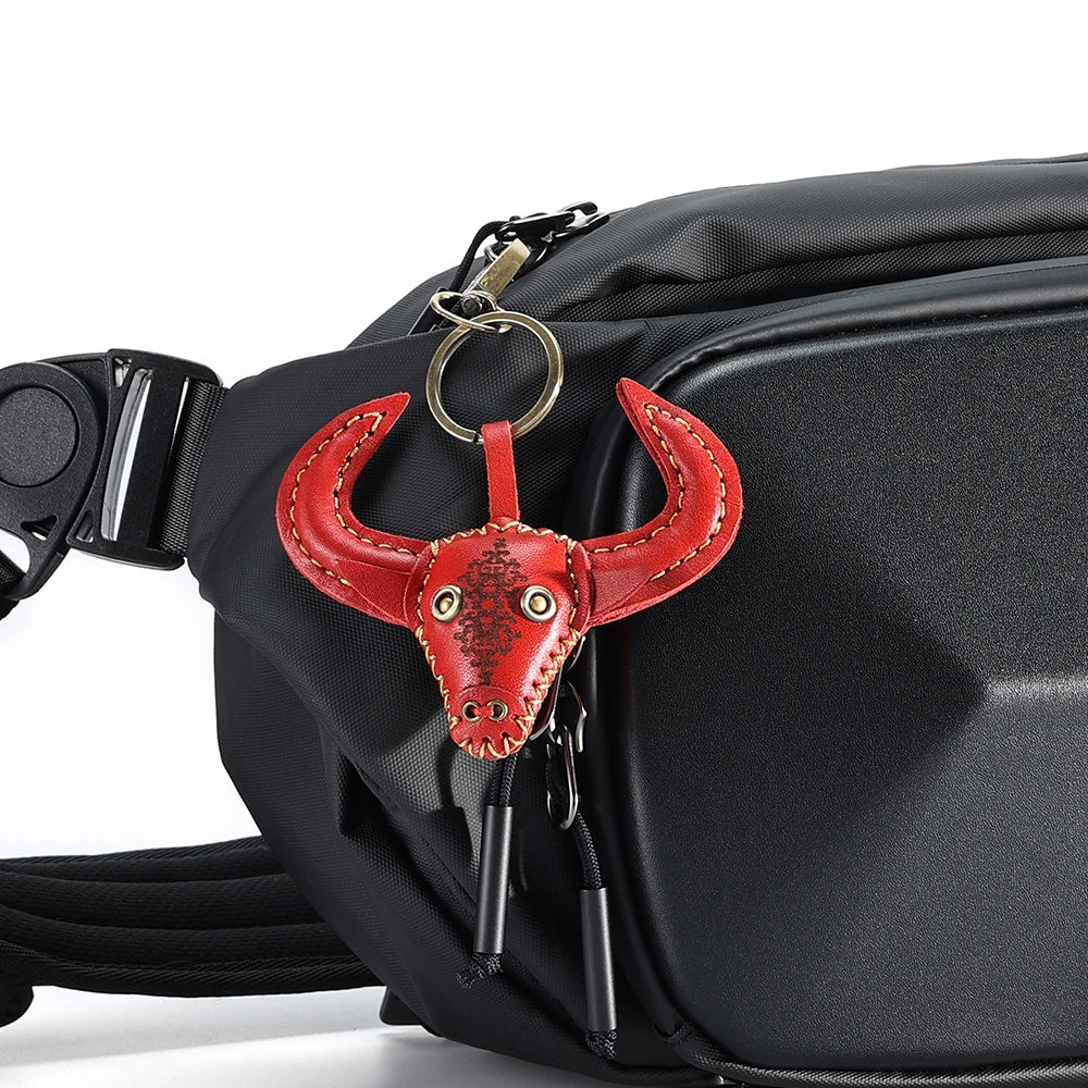 Bull Head Keychain Pendant Leather Key Holder Women Men Keyring