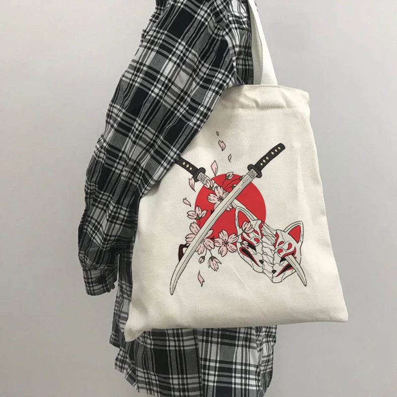 Japanese Dark Fox Cartoon Canvas Bag Hip Hop Harajuku Casual Shopper Bag