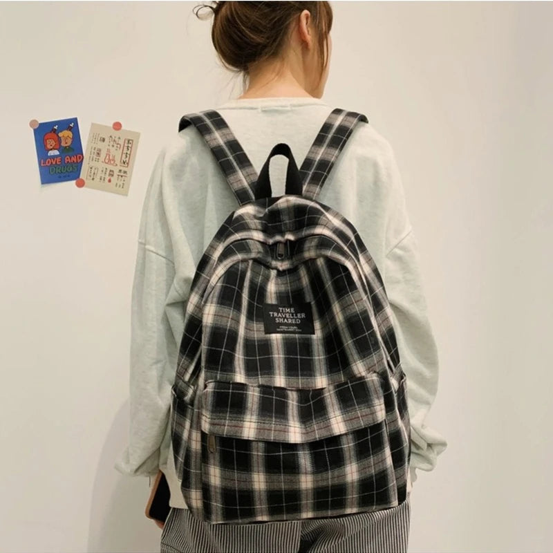 Japanese Plaid Backpack Women Large Capacity Schoolbag